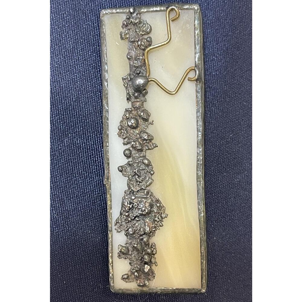 Artisan Stained Glass Rectangular Brooch Pin Soldered Nugget Costume Jewelry